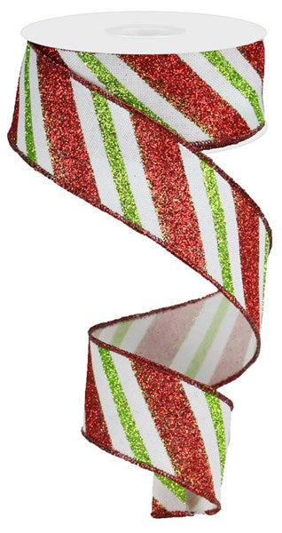 1.5 Inch By 10 Yard Red And Lime Green Glitter Striped Ribbon