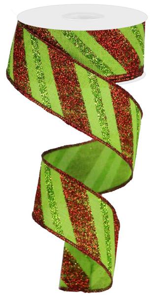 1.5 Inch By 10 Yard Red And Lime Glitter Striped Ribbon