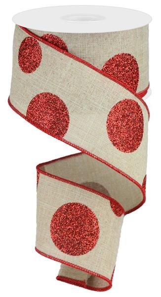 2.5 Inch By 10 Yard Natural And Red Glitter Polka Dot Ribbon