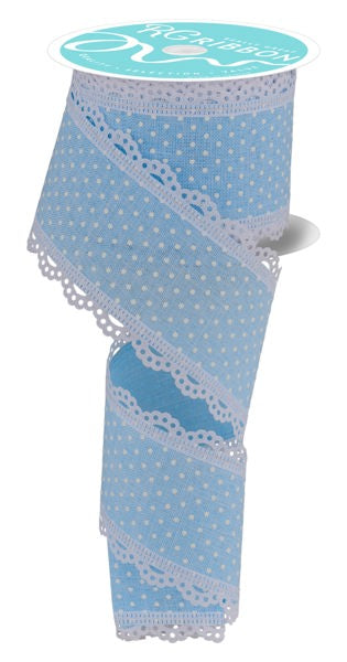 2.5 Inch By 10 Yard Pale Blue And White Ribbon With Lace Edging