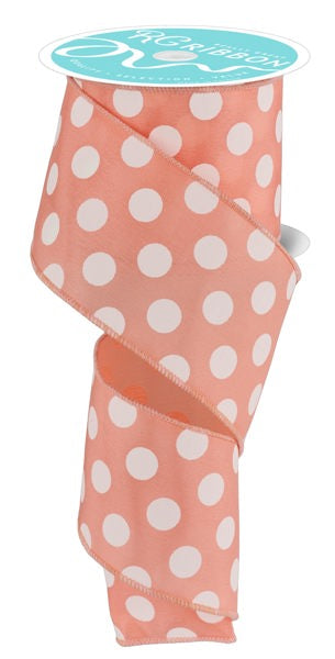 2.5 Inch By 10 Yard Peach And White Large Polka Dot Ribbon