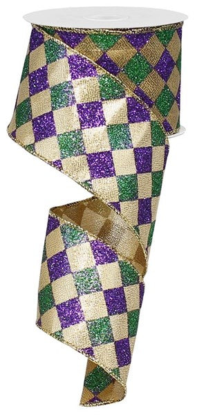 2.5 Inch By 10 Yard Mardi Gras Glitter Diamond Check Ribbon