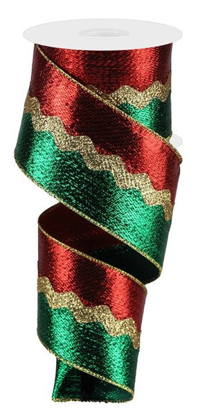 2.5 Inch By 10 Yard Emerald And Red Metallic Stripe Ribbon With Gold Ric Rac