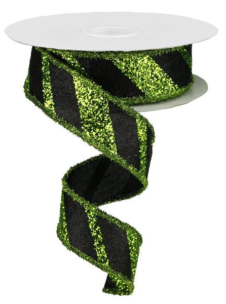 1.5 Inch By 10 Yard Black And Lime Green Striped With Tinsel Edge Ribbon