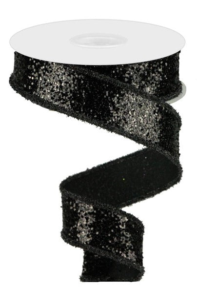 1.5 Inch By 10 Yard Black Glitter Ribbon With Tinsel Edging