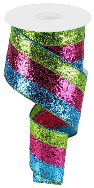 2.5 Inch By 10 Yard Turquoise, Fuchsia, Lime Striped Glitter Ribbon