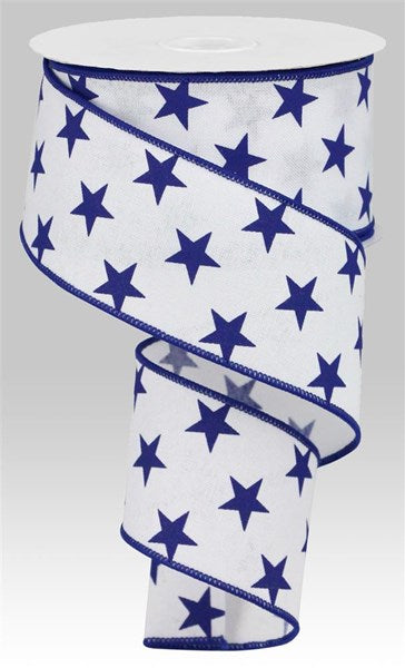 2.5 Inch By 10 Yard White And Navy Blue Stars Ribbon