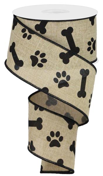 2.5 Inch By 10 Yard Light Beige And Black Paw Print Bones Ribbon