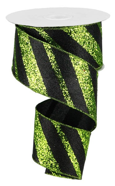 2.5 Inch By 10 Yard Lime Green And Black Large Striped Glitter Ribbon