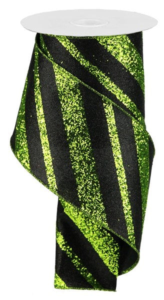 4 Inch By 10 Yard Lime Green And Black Glitter Giant Diagonal Lines Ribbon