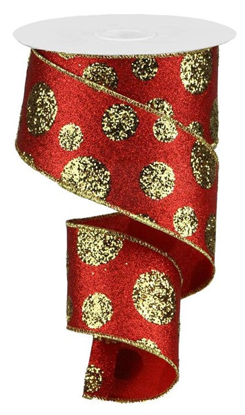 2.5 Inch By 10 Yard Red And Gold Glitter Polka Dot Ribbon