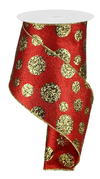 4 Inch By 10 Yard Red And Gold Glitter Giant Polka Dot Ribbon