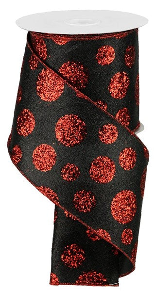 4 Inch By 10 Yard Black And Red Glitter Giant Polka Dots Ribbon