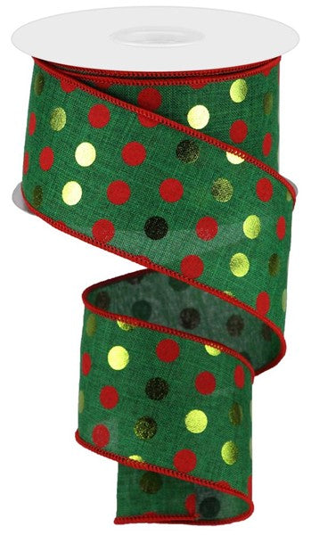 2.5 Inch By 10 Yard Red Emerald And Lime Metallic Polka Dot Ribbon