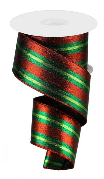 2.5 Inch By 10 Yard Red Emerald Lime Metallic Striped Ribbon