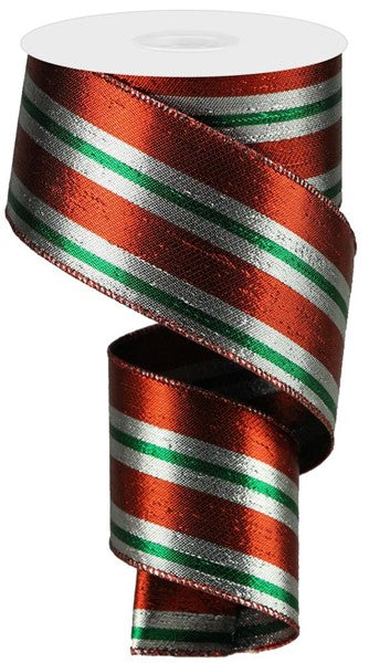 2.5 Inch By 10 Yard Red Silver And Emerald Metallic Stripe Ribbon