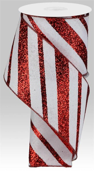 4 Inch By 10 Yard Red And White Glitter Striped Ribbon