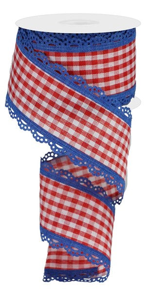 2.5 Inch By 10 Yard Red And White Gingham With Lace Blue Scalloped Edges Ribbon