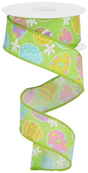 1.5 Inch By 10 Yard Easter Eggs On Green Background Ribbon