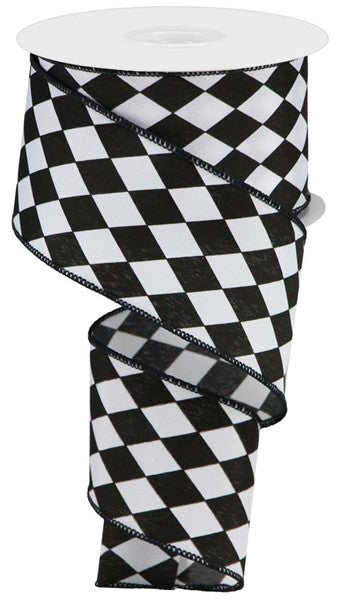 2.5 Inch By 10 Yard Black And White Harlequin Printed Ribbon