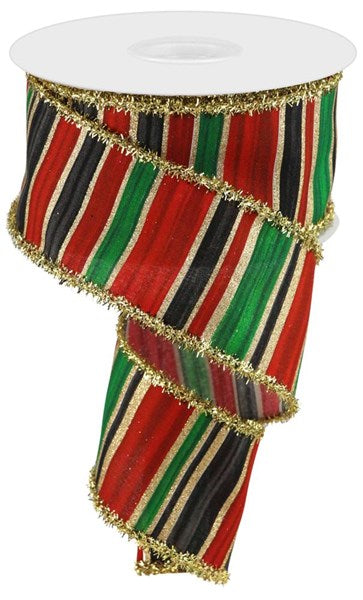 2.5 Inch By 10 Yard Red Black And Green Stripes With Gold Tinsel Ribbon