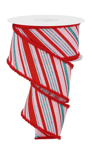 2.5 Inch By 10 Yard Ice Blue Pink And Red Peppermint Stripe With Drift Ribbon
