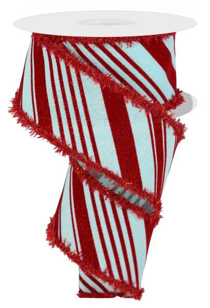 2.5 Inch By 10 Yard Red And Ice Blue Diagonal Stripes With Red Tinsel Drift
