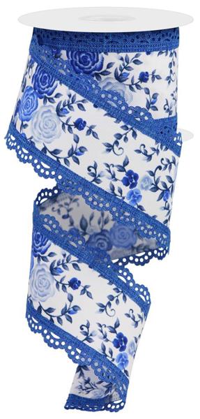 2.5 Inch By 10 Yard White Blue Mini Rose Lace Ribbon