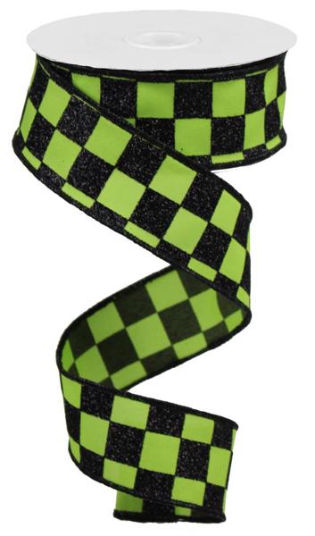 1.5 Inch By 10 Yard Green And Black Glitter Check Ribbon