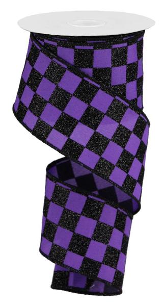 2.5 Inch By 10 Yard Purple And Black Glitter Check Ribbon