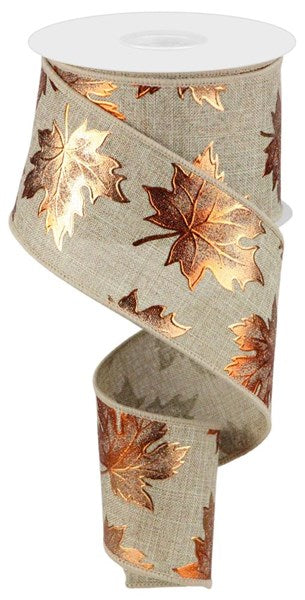 2.5 Inch By 10 Yard Beige With Copper Maple Leaves Ribbon