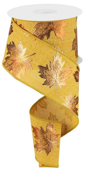 2.5 Inch By 10 Yard Mustard Background With Copper Maple Leaves Ribbon