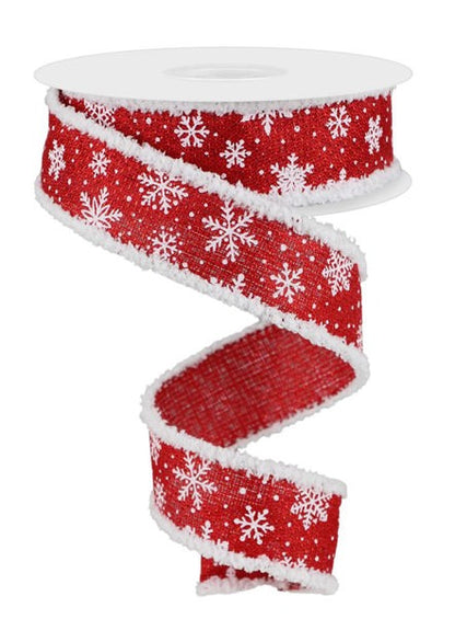 1.5 Inch By 10 Yard Red And White Snowflake With White Drift Edge Ribbon