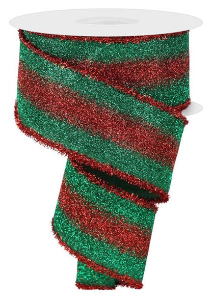 2.5 Inch By 10 Yard Red And Emerald Gradient Glitter Ribbon With Red Tinsel Edging