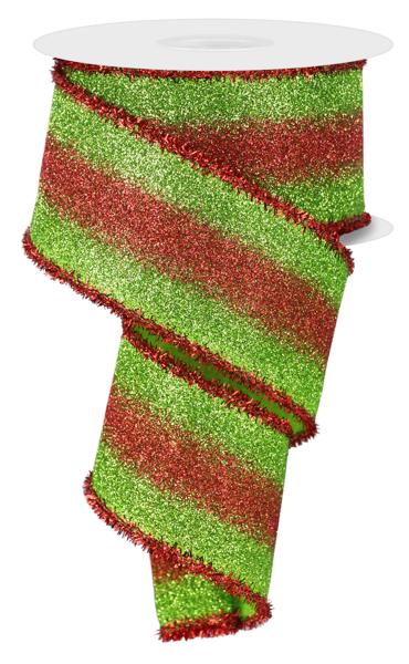 2.5 Inch By 10 Yard Red And Lime Gradient Glitter With Red Tinsel Edging Ribbon