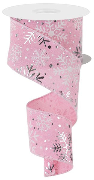 2.5 Inch By 10 Yard Light Pink Background With Snowflakes Ribbon