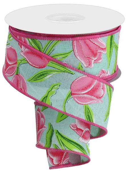 1.5 Inch By 10 Yard Mint Background With Pink Tulips Ribbon