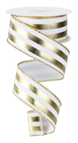 1.5 Inch By 10 Yard White And Gold Vertical Striped Ribbon