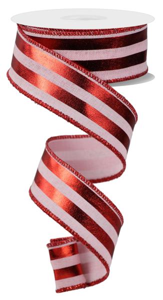 1.5 Inch By 10 Yard Metallic Pink And Red Striped Ribbon