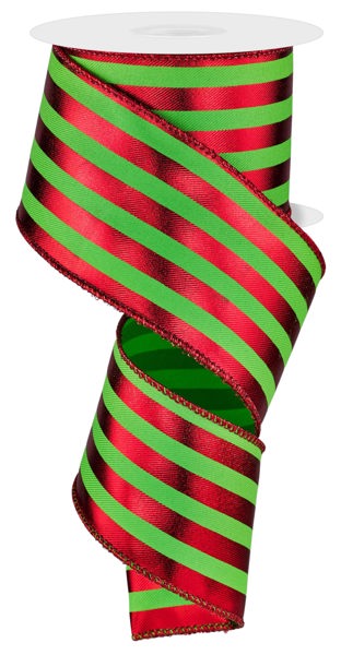 2.5 Inch By 10 Yard Red And Lime Metallic Vertical Striped Ribbon