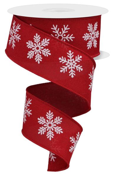 1.5 Inch By 10 Yard Red And White Snowflake Ribbon