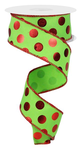 1.5 Inch By 10 Yard Lime Green And Red Metallic Polka Dot Ribbon