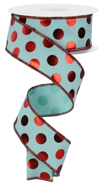 1.5 Inch By 10 Yard Ice Blue And Red Metallic Polka Dot Ribbon