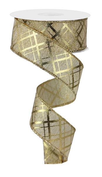 1.5 Inch By 10 Yard Gold Metallic Diagonal Lines Ribbon