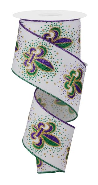 2.5 Inch By 10 Yard Fleur De Lis White Background Ribbon