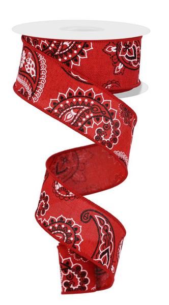 1.5 Inch By 10 Yard Red Paisley Bandana Ribbon