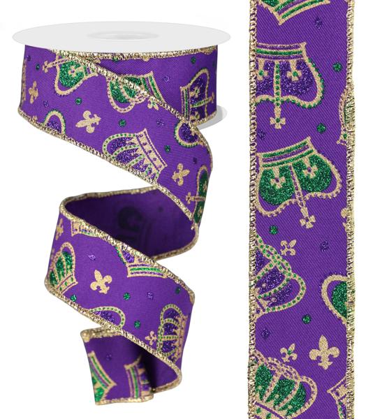 1.5 Inch By 10 Yard Purple Mardi Gras Crowns Ribbon