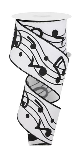 2.5 Inch By 10 Yard White And Black Bold Music Notes Ribbon