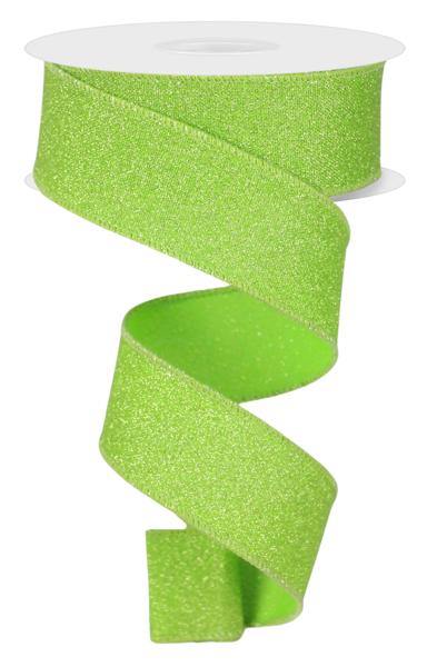 1.5 Inch By 10 Yard Lime Green Fine Glitter On Faux Royal Ribbon