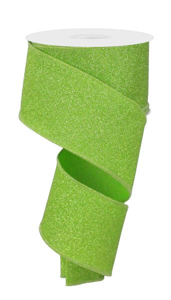 2.5 Inch By 10 Yard Lime Green Fine Glitter On Faux Royal Ribbon